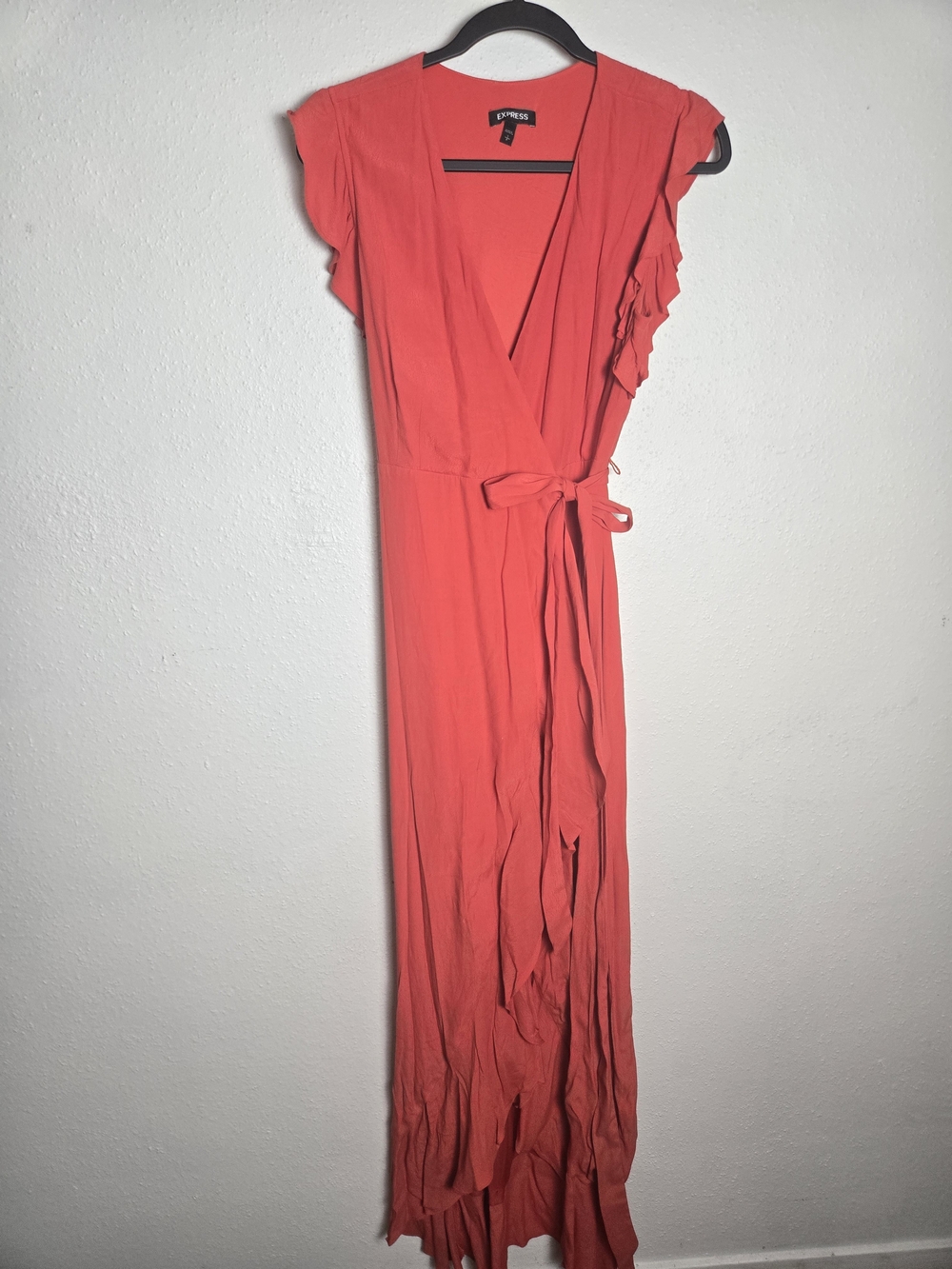 Express Coral Wrap Maxi Dress with Ruffle Sleeves